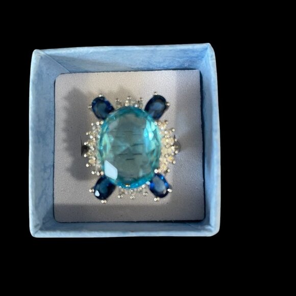Sterling Silver 925 Blue Rhinestone Statement Ring Cocktail Bold Glam Jewelry - Picture 2 of 7